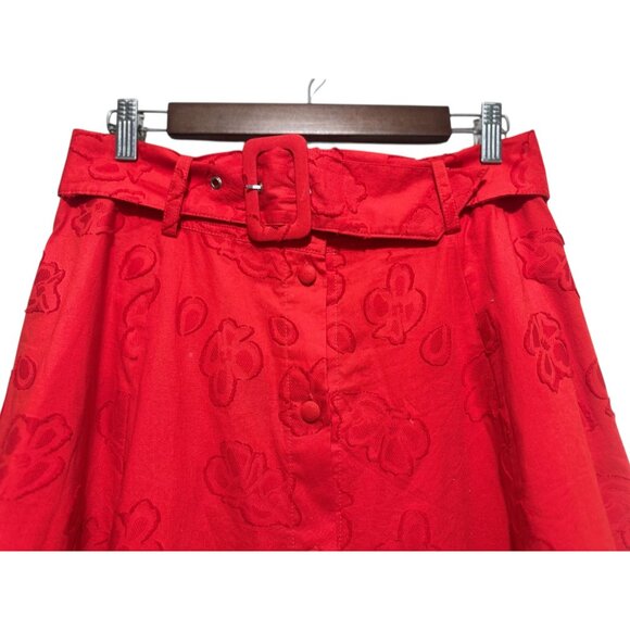 Anthropologie Sandra Belted Long Maxi Skirt Womens 8 Red 3D Floral A-line Flare - Picture 12 of 16